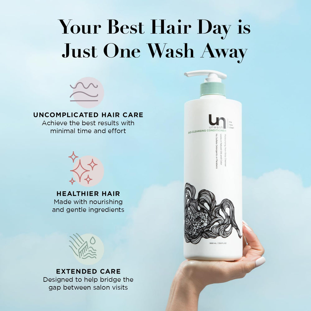 Unwash Bio-Cleansing Conditioner applied to damp curls for smoother texture.