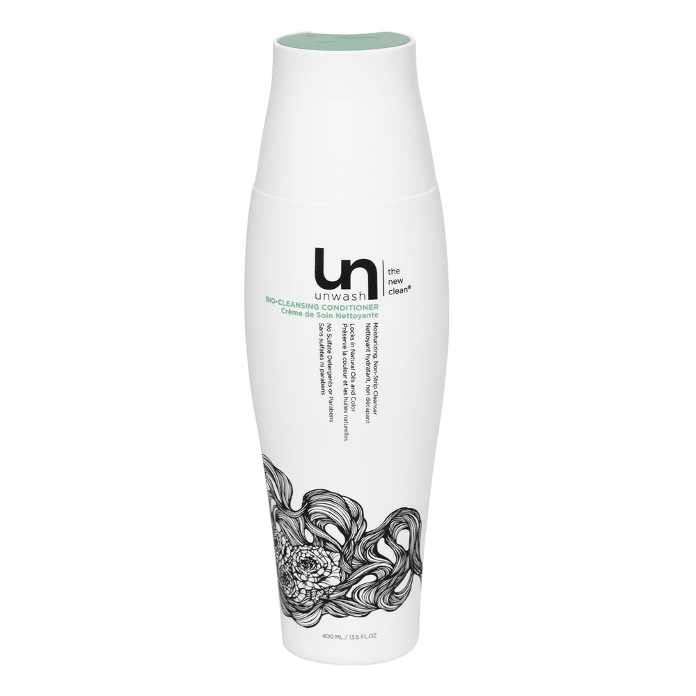 Unwash Bio-Cleansing Conditioner bottle demonstrates gentle cleansing for curly hair.