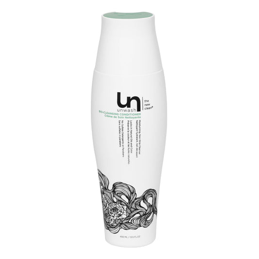 Unwash Bio-Cleansing Conditioner bottle demonstrates gentle cleansing for curly hair.