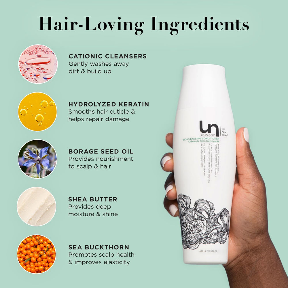 Frizz-free, defined curls after treatment with Unwash Bio-Cleansing Conditioner.
