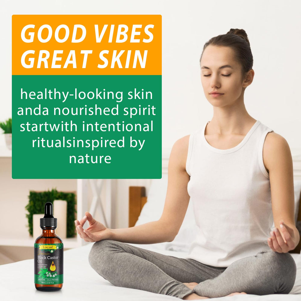 Uocasi castor oil beside skincare items demonstrates multipurpose use for daily routines.
