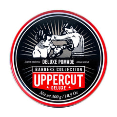 Uppercut Deluxe Deluxe Pomade bottle shows strong hold for all-day style.