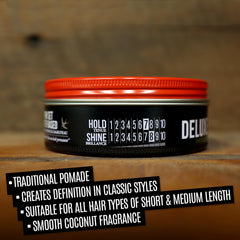 Uppercut Deluxe Deluxe Pomade packaging emphasizes water-based formula and easy washout.