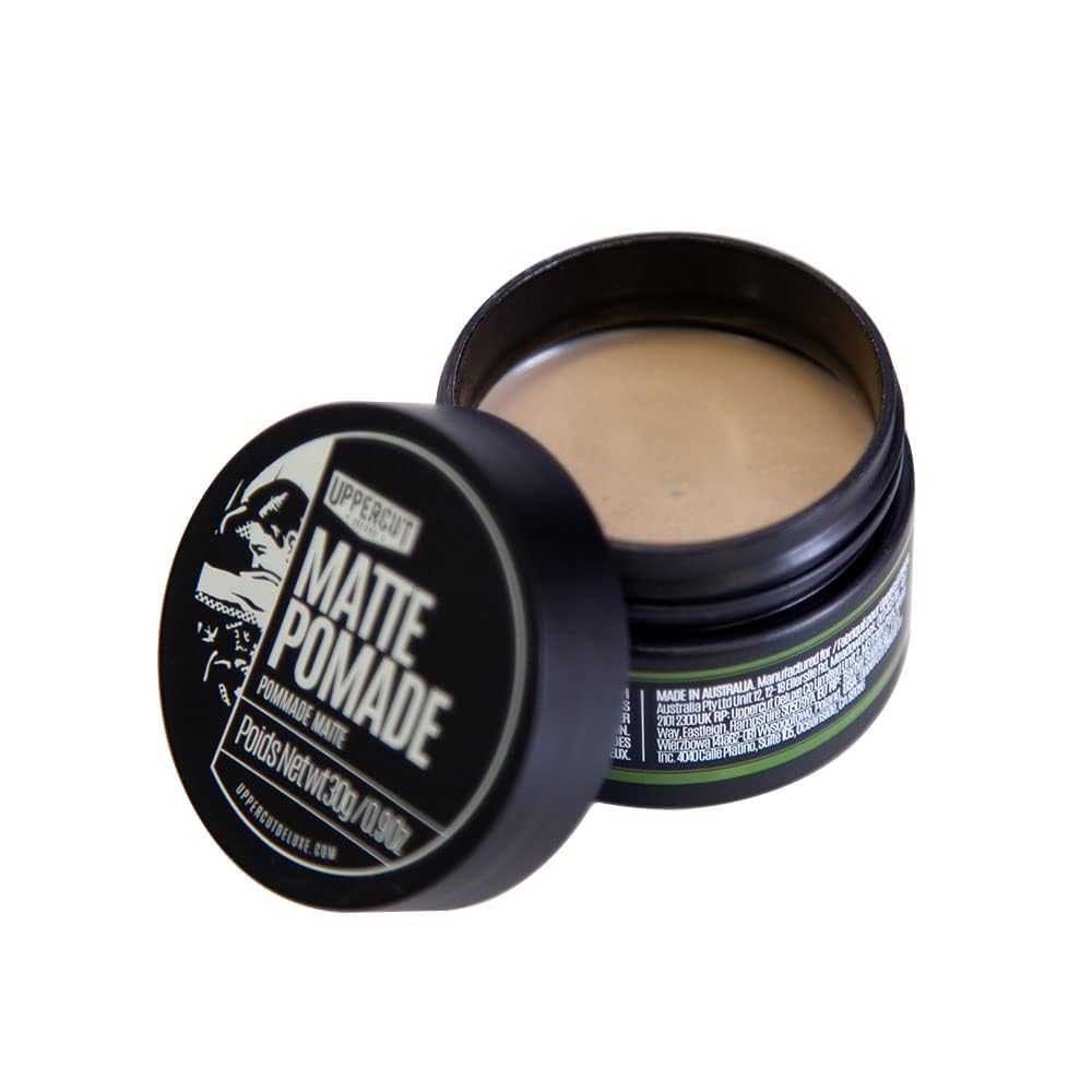 Uppercut Deluxe Matte Pomade MIDI open tin shows creamy, easy-wash texture.