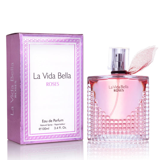 Urban Collection La Vida Bella Roses bottle front highlights a floral amber scent for daily wear