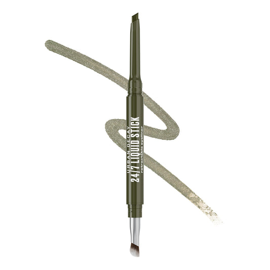 Urban Decay 24/7 Liquid Stick Dirty Martini tube shows bold olive-green shade