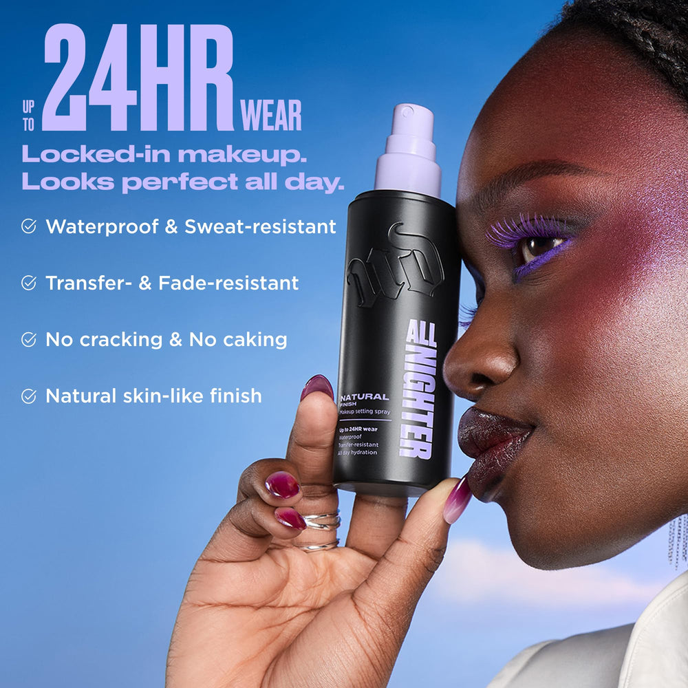 Urban Decay All Nighter spray application close-up showing fine mist
