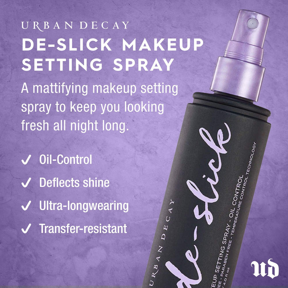 Urban Decay De-Slick microfine mist application on skin for smooth makeup.