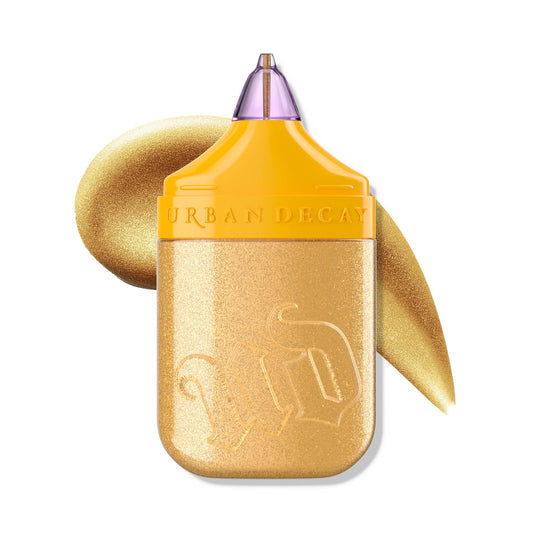 URBAN DECAY Face Bond Waterproof Luminizer bottle with hyper metallic gold glow for lasting radiance.