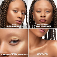 URBAN DECAY Face Bond Luminizer applied to face highlighting cheekbones for glow.