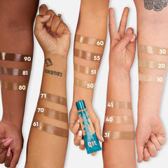 Urban Decay Hydromaniac swatches on skin reveal buildable medium coverage.
