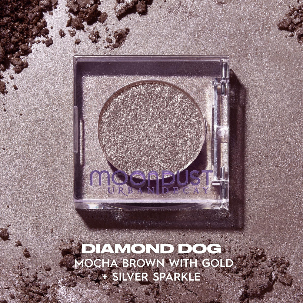 Urban Decay Moondust brown-gold sparkle detail highlighting refined micro-glitter shine.