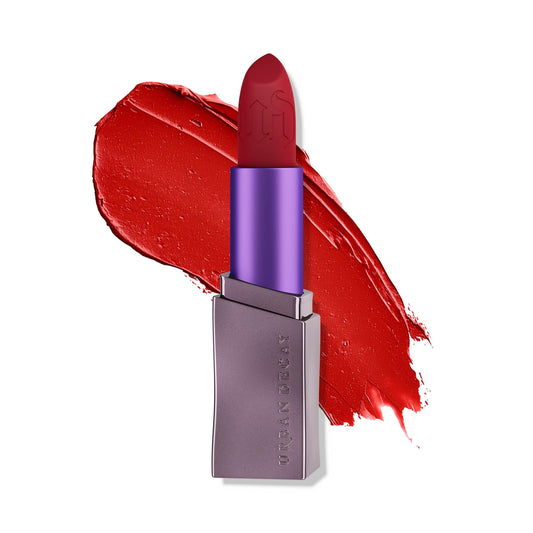 Urban Decay Vice Hydrating Lipstick Bad Blood swatch shows rich color and hydration.