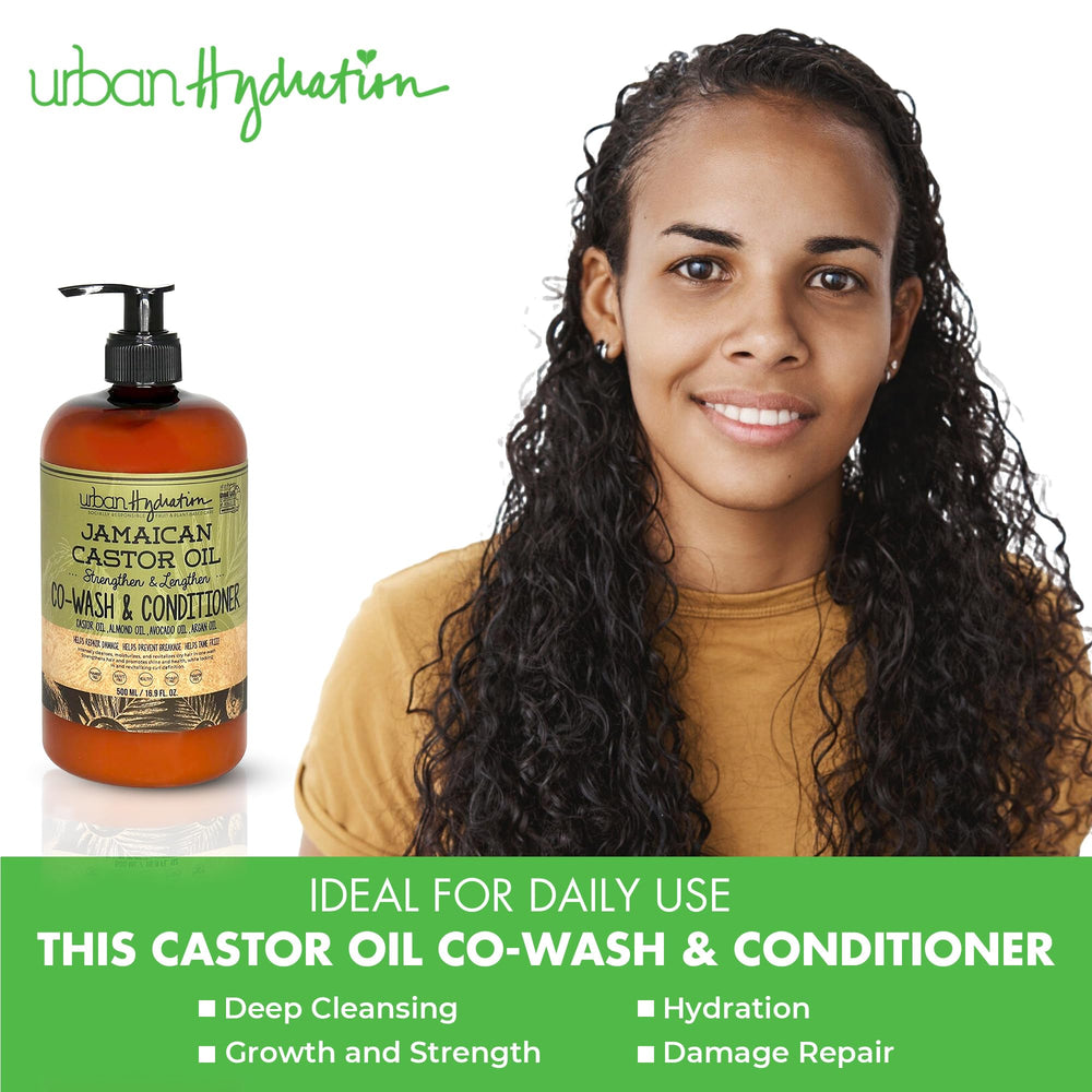 Urban Hydration co-wash application in hands for scalp cleansing.