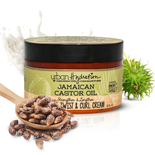 Urban Hydration Jamaican Castor Oil Curl Cream packaging highlights a sulfate-free formula for all hair types.