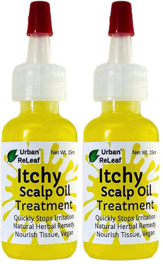 Urban ReLeaf Itchy Scalp Oil Treatment bottle showing a natural scalp-soothing oil.