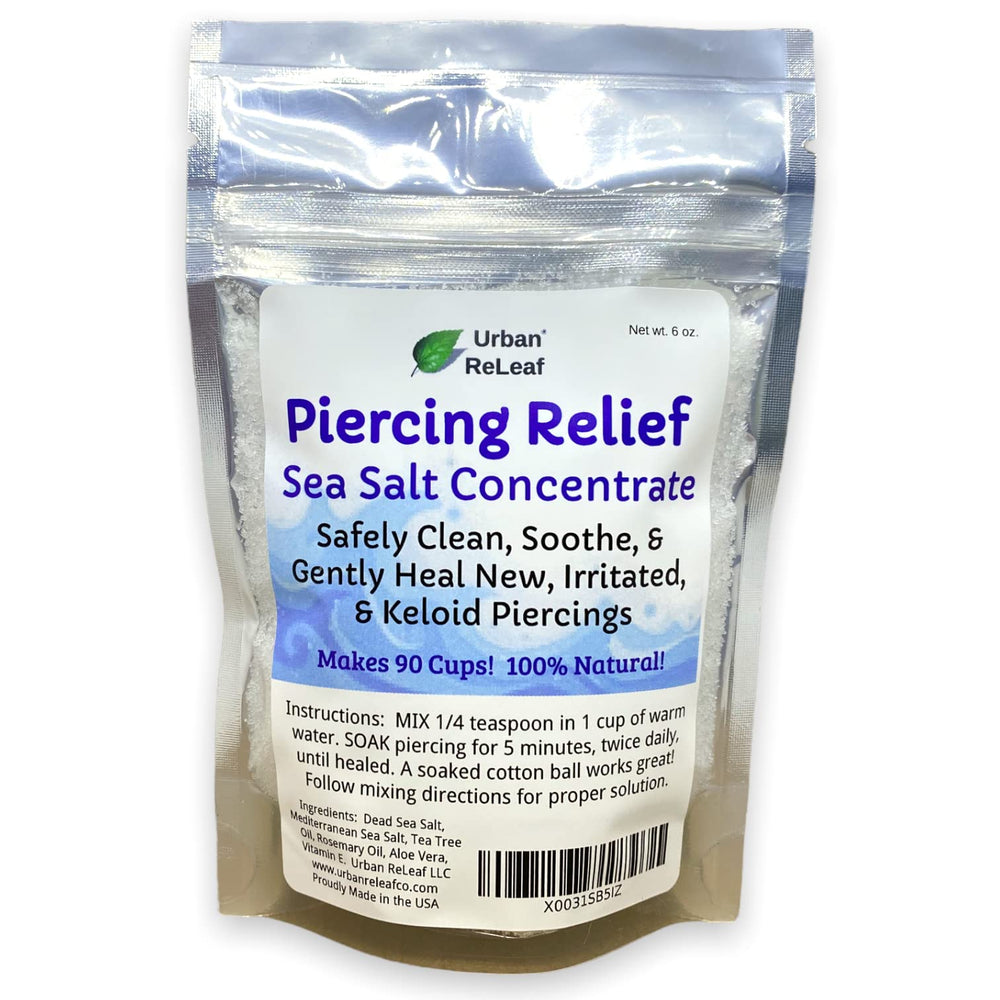 Urban ReLeaf Piercing Relief sea salt concentrate bag for gentle aftercare and soothing cleanse.