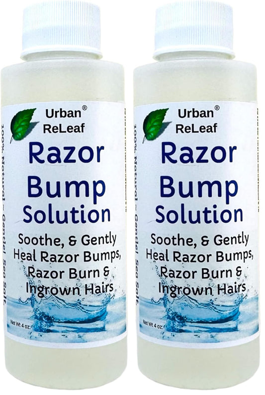 Urban ReLeaf Razor Bump Solution bottle displaying mineral sea salt blend for soothing shaved skin