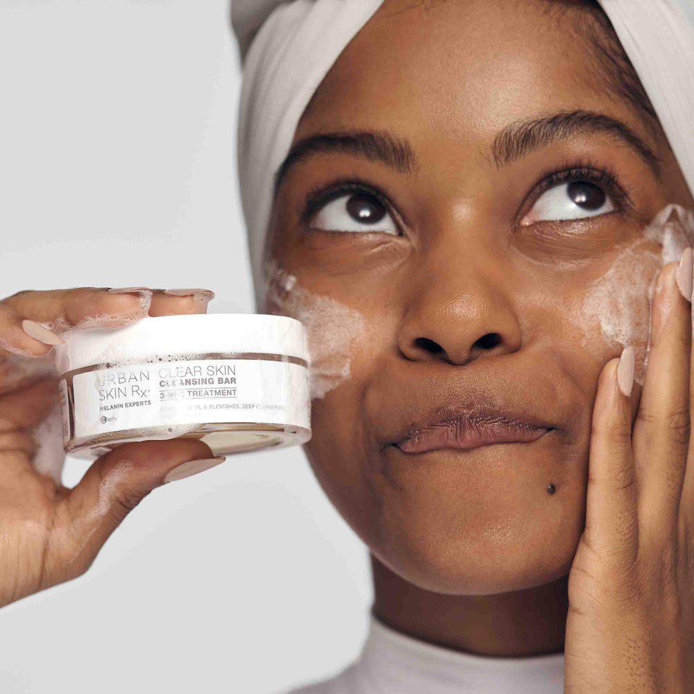 Urban Skin Rx Clear Skin 3-in-1 bar massage on skin demonstrates gentle exfoliation.