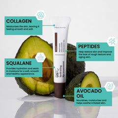 Close-up texture of Urban Skin Rx lip treatment, smooth and non-sticky