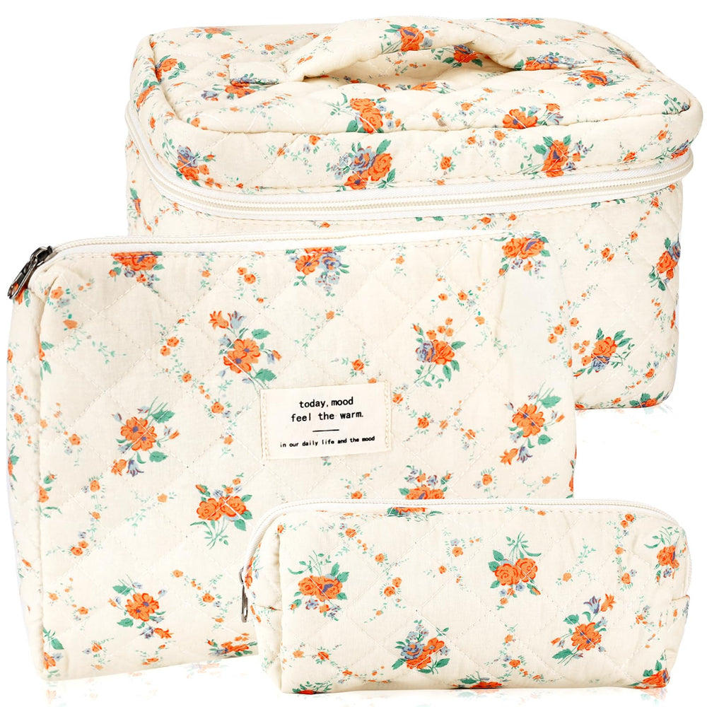 URSKYTOUS 3Pcs quilted makeup bag set with floral design for organized travel.