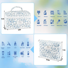 URSKYTOUS large blue floral quilted bag smoothly organizes brushes and skincare items.