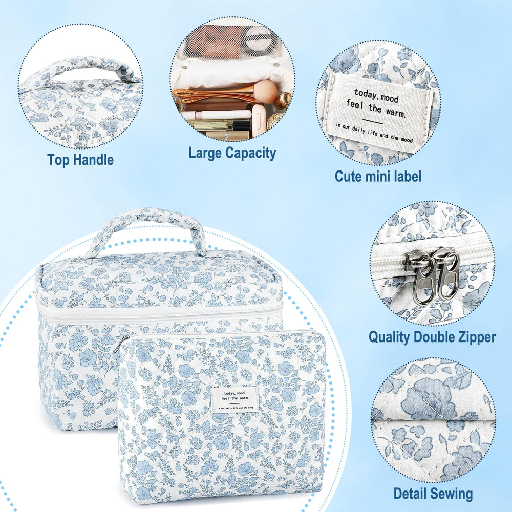 URSKYTOUS travel cosmetics organizer in blue floral print fits in luggage for trips.