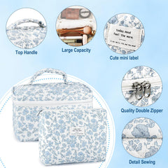URSKYTOUS travel cosmetics organizer in blue floral print fits in luggage for trips.