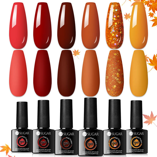 UR SUGAR gel polish bottles show six fall colors for long-lasting manicures.