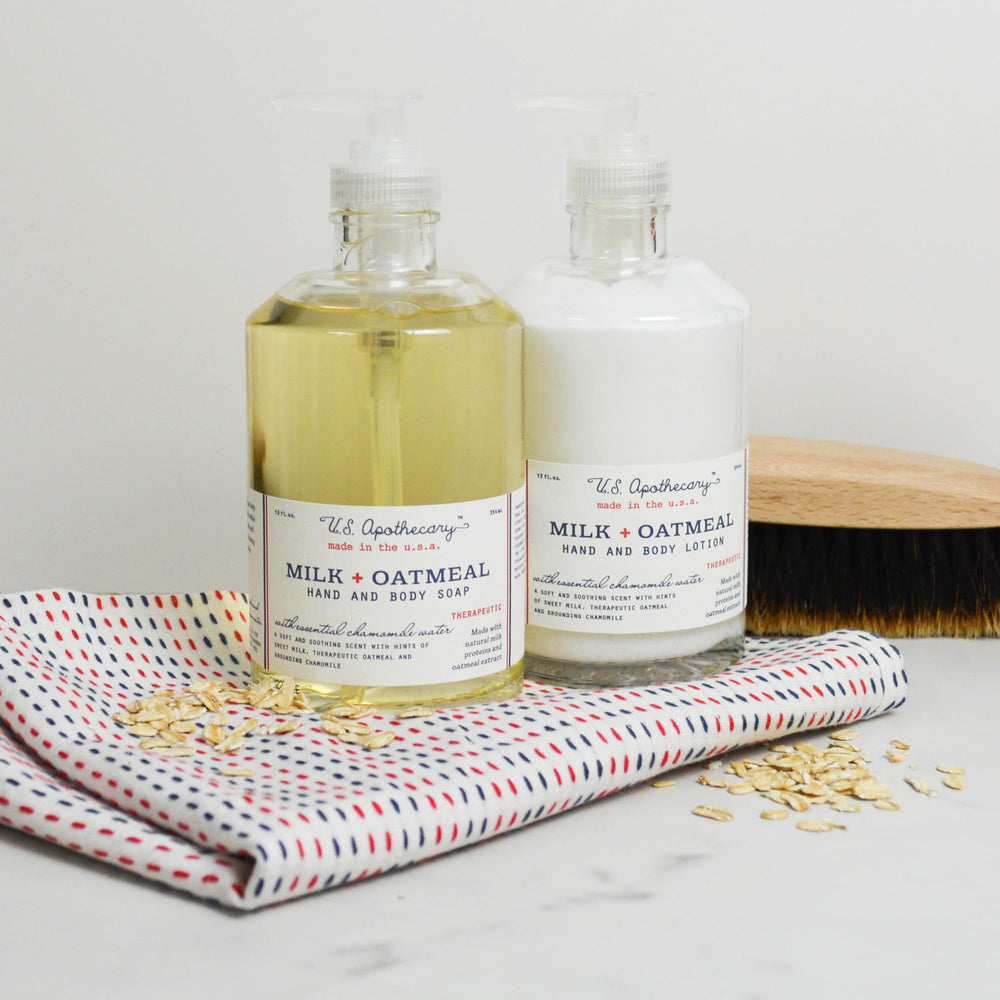 U.S. Apothecary Milk Oatmeal hand soap bathroom area showing soft fragrance.