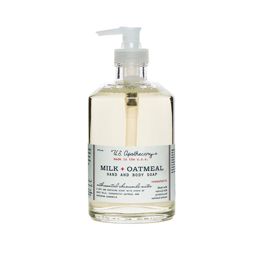 U.S. Apothecary Milk Oatmeal hand soap bottle with creamy texture and soothing scent.