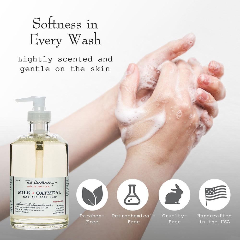 U.S. Apothecary Milk Oatmeal hand soap pour shows light lather and everyday use.