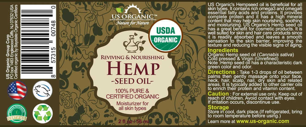 Amber glass bottle with dropper for easy application of US Organic hemp seed oil.