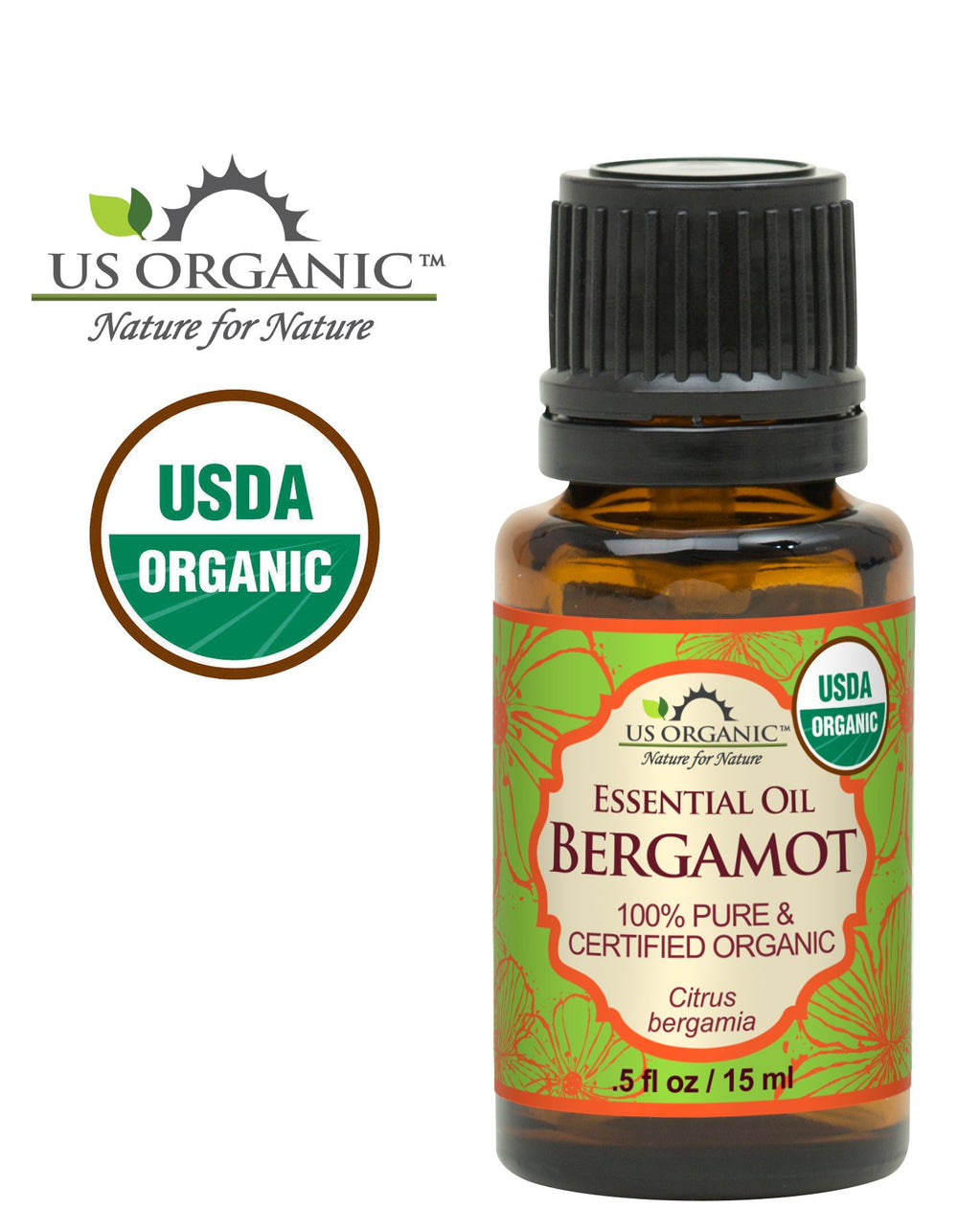 US Organic Bergamot Oil label shows USDA Organic certification and purity