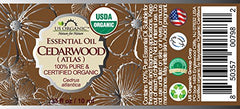 Close up of US Organic Cedarwood Oil label highlighting organic certification.