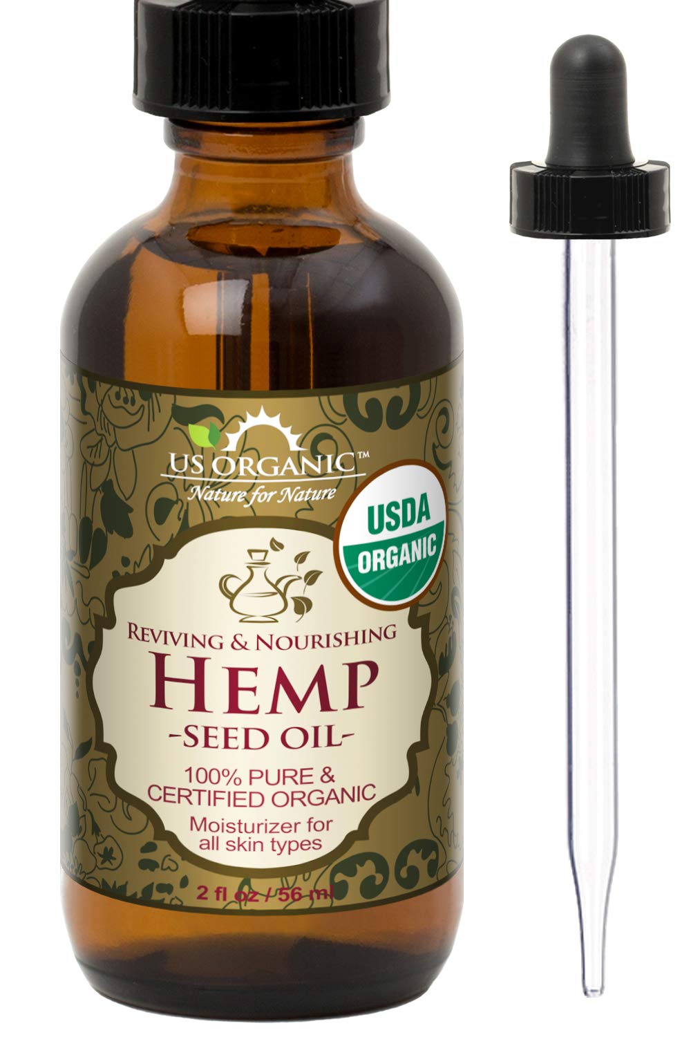 US Organic hemp seed oil bottle on a clean surface, ideal for daily skin care.