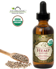 Close-up label of US Organic hemp seed oil showing USDA certification and virgin quality.