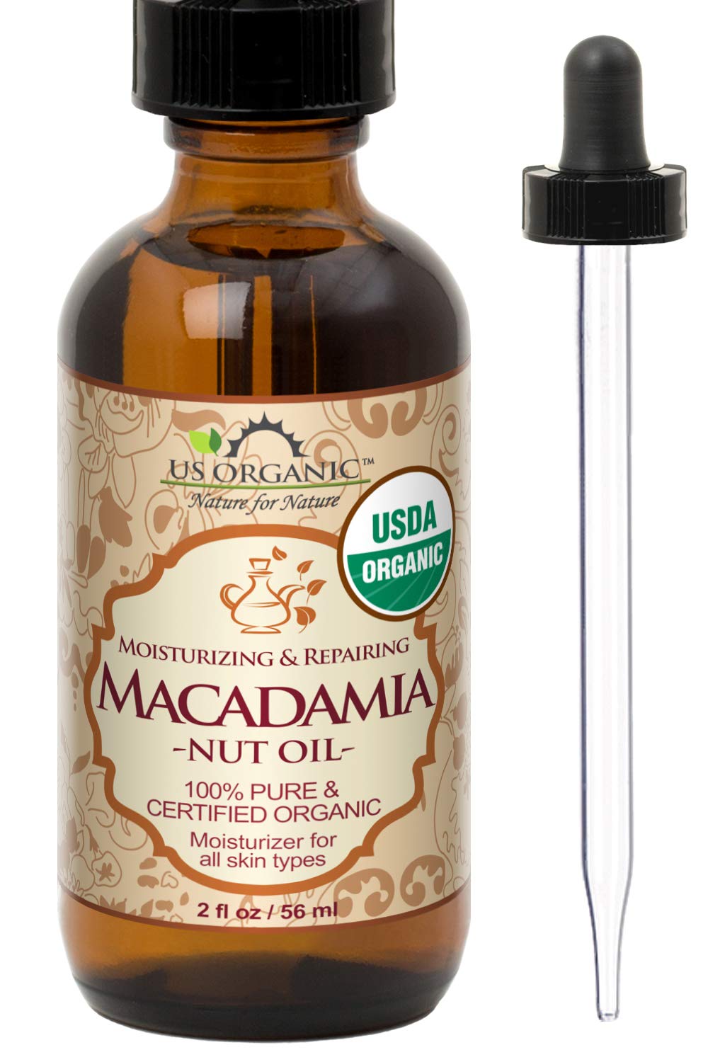 US Organic Macadamia Nut Oil bottle showing fast-absorbing, non-greasy finish