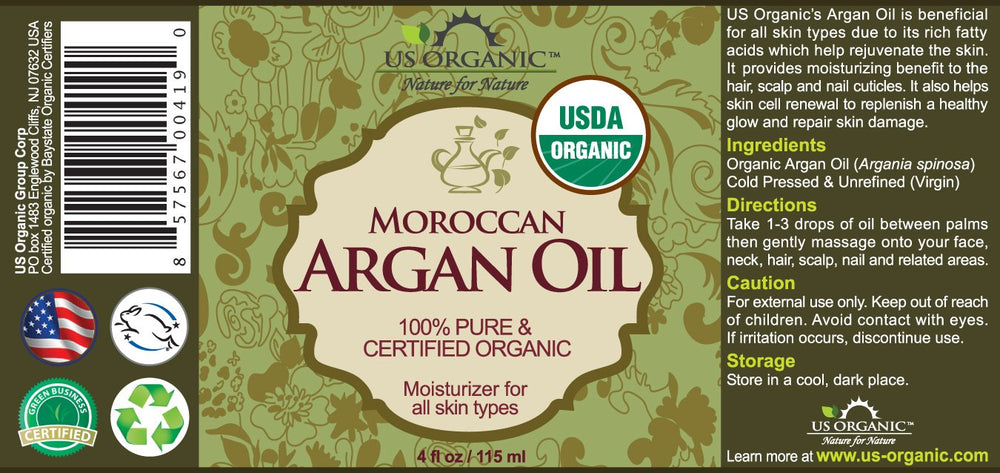 US Organic Moroccan Argan Oil label highlights USDA Organic certification