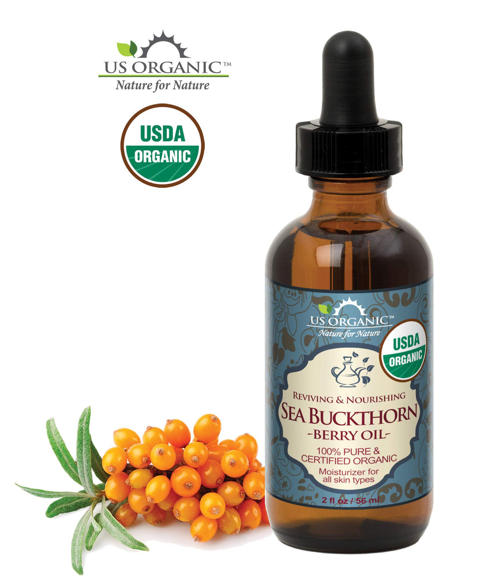 US Organic Sea Buckthorn Berry Oil ingredients label highlights 100% pure, no fillers.