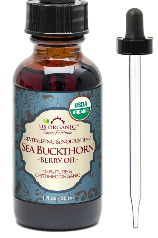 US Organic Sea Buckthorn Oil bottle in amber glass for pure skincare.