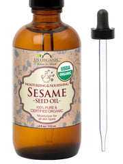 US Organic sesame oil in an amber bottle ideal for skin hydration and easy application.