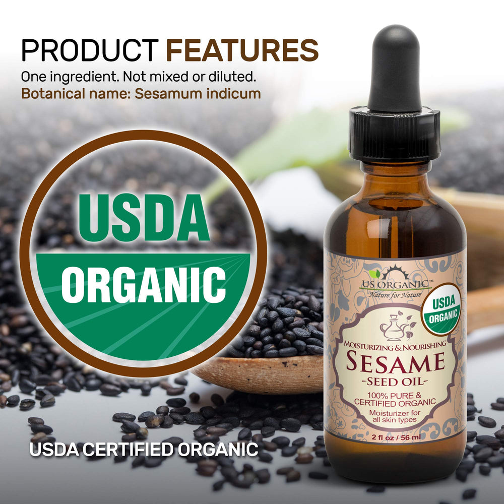 Virgin, unrefined US Organic sesame oil ready for universal skincare routines.