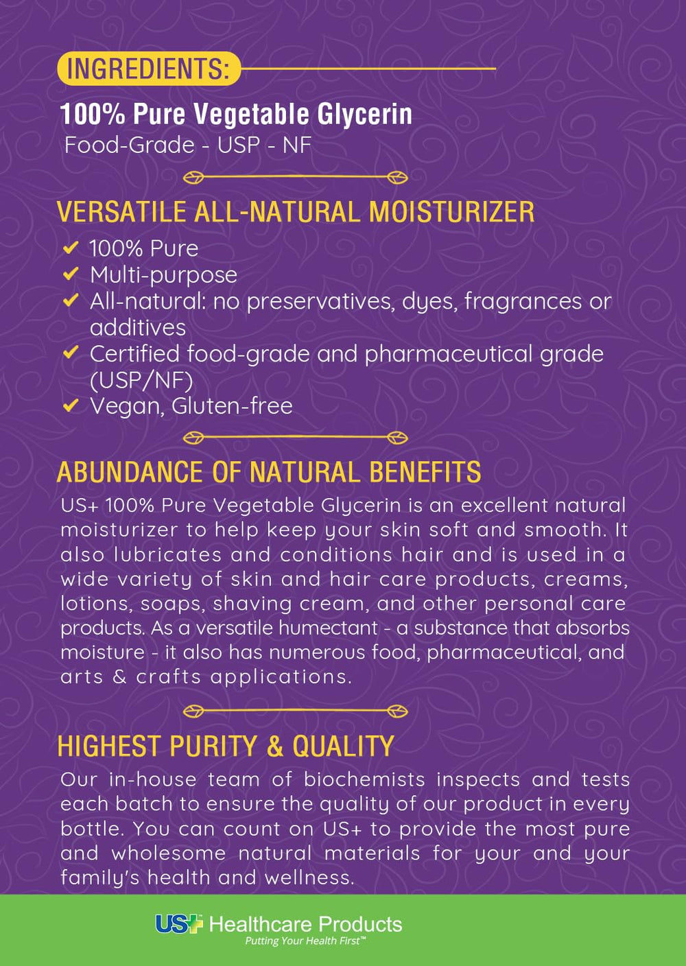 US+ 32oz glycerin usage ideas board shows versatile applications for crafts and skincare.