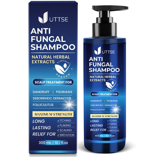 Uttse anti-fungal shampoo bottle front view for soothing scalp care and daily use.