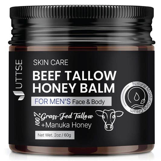 Uttse beef tallow balm jar closeup; rich texture for sensitive skin