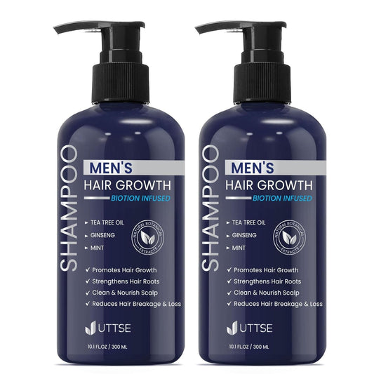 Uttse Biotin Hair Growth Shampoo bottle pouring to boost hair density after workouts