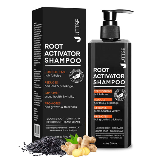 Uttse Root Activator Shampoo bottle front for daily use and fuller hair.