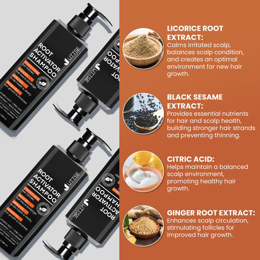 Uttse Root Activator Shampoo scalp-care close-up with product in hand.
