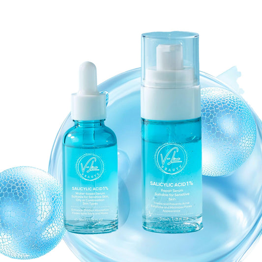 V-Line Beauty serum bottle pour showing lightweight texture for refined pores